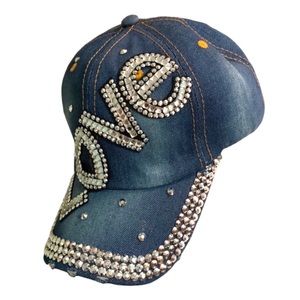 VITALIA Blue Denim Rhinestone Studded “LOVE” Baseball Cap
